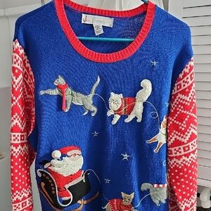 Unisex Blue and Red Cat Christmas Sweater